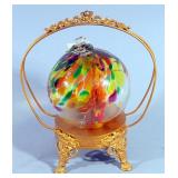 Kitras Art Glass Tree Of Enchantment Glass Ball On Gilt Stand, Approx 10.5" H