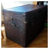 Antique Travel Trunk With Tray Inserts And Brass Hardware, 24" x 36" x 21"