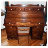 Vintage 11-Drawer Roll Top Desk, 50.5" x 54.5" x 28.5", Including Upholstered Chair