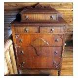 Antique Highboy Dresser With 6 Drawers, Brass Lion Head Drawer Pulls And Wood Casters, 55" x 34" x 1