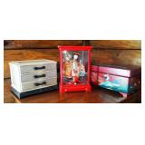 1950s Japanese Geisha Girl In Display Box, Painted Wood Flip Top Jewelry Box And 3 Drawer Jewelry Ch