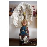 Vintage Wood Carved Girl Sitting On Block And Vintage Cabbage Patch Lamp With Shade, Both Power On
