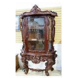 Cherry China Cabinet With Carved Wood Floral And Shell Design, 3 Shelves, Includes Key, Remote Contr