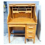 Roll Top Desk With 4 Lower Drawers, Pullout Writing Tray, No Key, 50.75" H x 36" W x 26" D