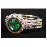 18K White Gold Ring With Clear And Green Stones, Possibly Emerald And Diamonds, Size 6, Approx 9.69 