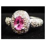 18K White Gold Ring With Clear And Pink Stones, Possibly Diamonds And Sapphire, Size 6-1/2, Approx 5