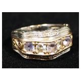 14K Gold Ring With Clear And Purple Stones, Possibly Diamonds And Iolite, Size 8-1/2, Approx 7.18 g 