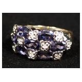 14K Gold Ring With Clear And Blue Stones, Possibly Diamonds And Iolite, Size 7, Approx 4.41 g Total 