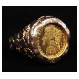 14K Gold Ring With Gold Toned 1964 Morgan One Dollar Coin Replica, Size 10-1/2, Approx 13.75 g Total