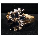 14K Gold Ring With Clear And Blue Stones, Possibly Diamonds And Sapphires, Size 6-1/4, Approx 2.95 g