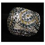 10K White Gold Ring With Clear, Yellow And Blue Stones, Possibly Diamonds, Size 6, Approx 9.45 g Tot