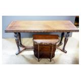 Antique Table With Carved Wood Edging, 30" H x 60" W x 20" D, And 3 Shelf Wall Table, 24" H x 21" W 