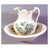 Buffalo Pottery Chrysanthemum Pattern Pitcher (11.5" H), Basin (16.5" Dia), Pitcher (7.25" H), And P