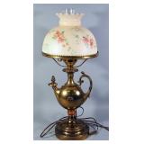 Brass And Glass Table Lamp With Genie Lamp Style Base And Shade With Floral Design, 24" H, Powers On