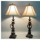 Table Lamps With Scrollwork Design, Qty 2, 33" H, Both Power On, 1 Is Missing Part Of 1 Scroll