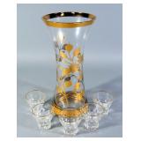 Glass Carafe With Gold Tone Accents And Ruhrglas Shot Glasses With Gold Tone Rims