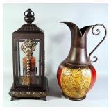 Metal Pitcher With Embossed Bamboo Stalk Design, 16.5" H, And Metal And Glass Candle Holder With Ske