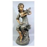 Statuette Of Seated Woman With A Bird On Her Arm, Approx 24" H, And Cement Figure Of Seated Girl, 10