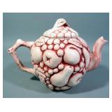 Ceramic Teapot, Creamer, And Sugar Bowl Set, All With High Relief Fruit Design