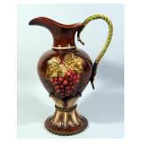 Porcelain Pitcher With High Relief Grapes And Vine Handle Design, 13.25" H