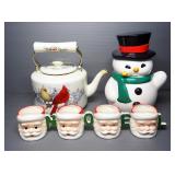 Porcelain Snowman Cookie Jar, Enameled Teakettle With Winter Greetings Birds In Snow Image, And 4 Sa