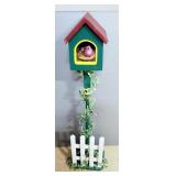Birdhouse On Post Decor With Faux Vine And White Fence, 48.5" H