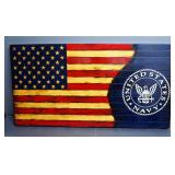 Hand Crafted Burnt Wood United States Of America Flag With U.S. Navy Emblem Wall Decor, 19.5" x 37"