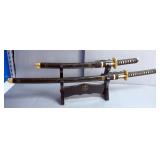 Decorative Japanese Samaria Swords, 30" & 18" On Lacquered Display Stand