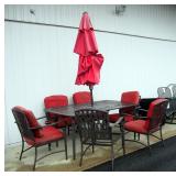 Hampton Bay Metal Outdoor Dining Table, 29" x 68" x 40" With Captain Chairs, Qty 6 And Retractable P