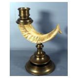 Ram Horn And Brass Candle Stick Holder, 12" Tall
