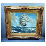 Hand Painted Oil On Canvas, Clipper Ship In Rough Seas, Signed By Artist, Mounted In Elaborate Frame