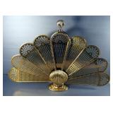 Vintage Art Deco Brass Fireplace Screen Folding Shell Peacock Fan, 37" Width