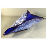 Art Glass Polish Cobalt Centerpiece Bowl, Features Rippled Scalloped Edge, 17.25" Long