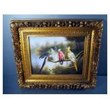 Framed Oil On Canvas Tropical Bird Painting In Gesso Frame, 20.5" x 24"