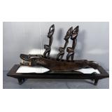 African Wood Carving Of Men On Alligator, Missing Pieces, Mirrored Tabletop Centerpiece, 18" Long, A
