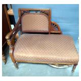 Antique Upholstered Gossip Bench With Carved Wood Accents And Turned Legs, 30.5" x 36" x 24.5"
