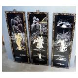 Asian Lacquered Wall Panels With Figural Relief, Qty 3, 36" x 12"