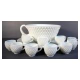 Hobnail Milk Glass Punch Bowl Set, Including 16" Cake Plate, 11" Punch Bowl And Cups Qty 10