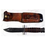 Fixed Blade Knife With Serrated Back Edge, 5" Blade, In Leather Sheath With Sharpening Stone