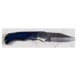 Custom Damascus Steel Folding Knife, 2.75" Blade, In Tooled Leather Sheath