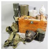 Vintage Military Supplies, Includes WWII Mess Kit And Canteen, Web Belt With Canteen, Gas Mask, Mort