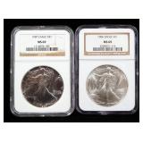 1986 And 1987 American Eagle $1 Silver Coins, 1 oz Fine Silver, Qty 2, Both Certified By NGC, Both G