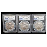 2016 American Eagle $1 Silver Coin, 1 oz Fine Silver, Certified By PCGS, Graded MS70, Qty 3