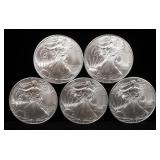 2010 American Eagle $1 Silver Coins, Qty 5, All 1 oz Fine Silver
