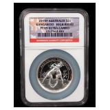 2010 P Australia Kangaroo High Relief $1 Silver Coin, 1 Ounce .999 Silver, Certified By NGC, Graded 