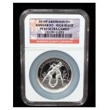 2010 P Australia Kangaroo High Relief $1 Silver Coin, 1 Ounce .999 Silver, Certified By NGC, Graded 