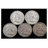 Franklin Half Dollars, Qty 5, Years Range 1951-1963