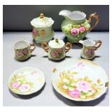 Lefton Hand Painted Porcelain Tea Set, includes Pitcher, Sugar, Creamer, Saucer And Teacup, Plate An