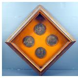 Framed 3" Coin Display Under Glass, Coins Adorned With Latin Phrases, 12" x 12"