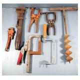 Pipe Wrenches, Clamps, Hand Auger, And Hack Saw Frame